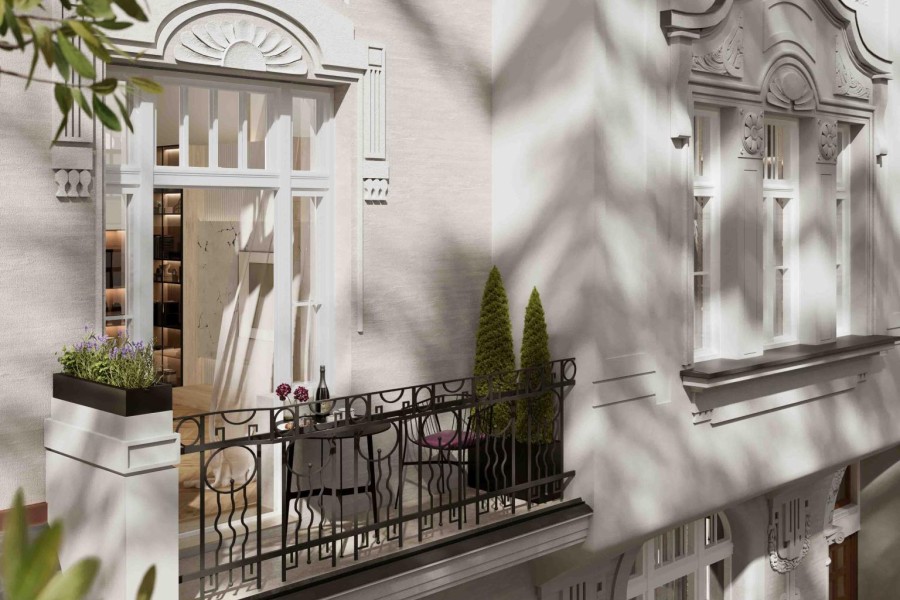 Detail Visualisierung der historischen Fassade Siegfried 8 in München Schwabing mit Balkon